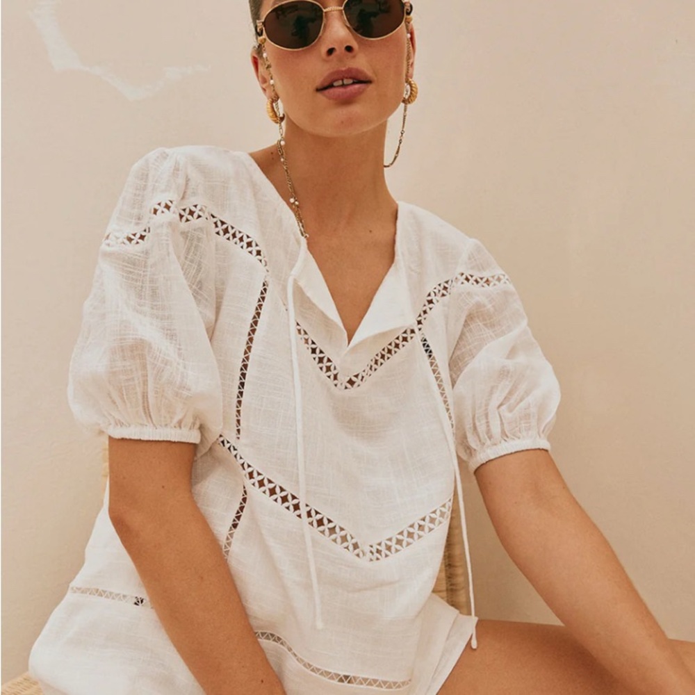 Sabo‎ Blouse Womens XS White Ladder Lace Crochet Puff Sleeve Cotton Bohemian